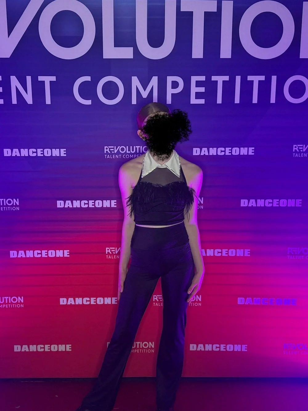 Teen Black Feather-Trim Crop Top and Long Pants Dance Costume